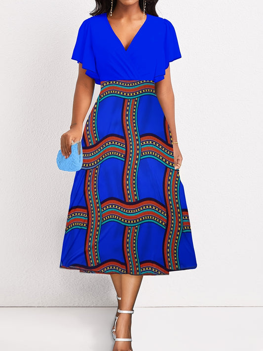  Colorblock Stripe Print Ruffle Sleeve Midi Dress