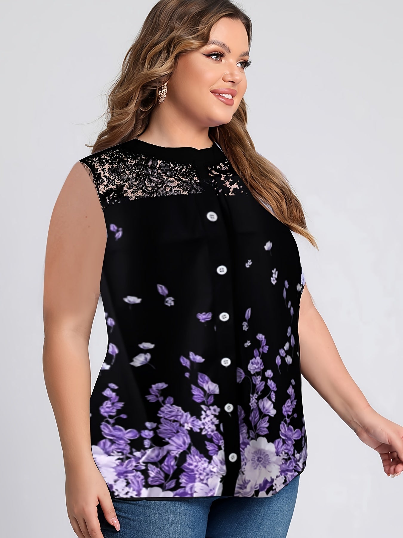 Floral Lace Button Up Tank Top Plus Size