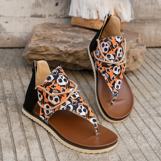 Skull Pattern Cross Strap Cutout Thong Sandals for Women