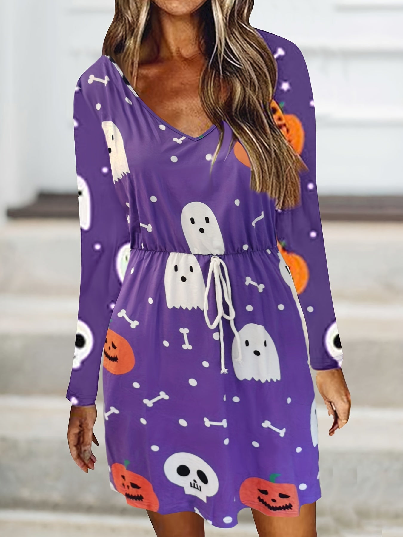 Women's Plus Ghost & Pumpkin Print Drawstring Long Sleeve V Neck Dress
