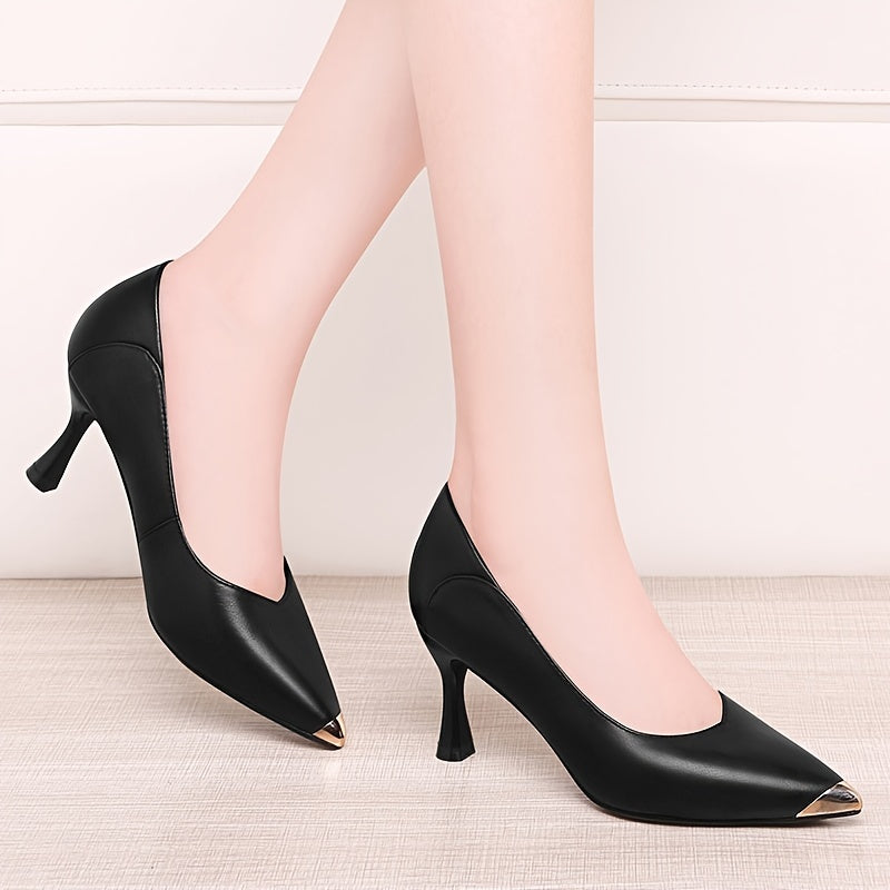 Metal Pointed Toe Kitten Heels Soft Leather Stiletto Pumps