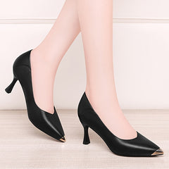 Metal Pointed Toe Kitten Heels Soft Leather Stiletto Pumps