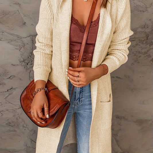  Solid Long Sleeve Open Front Cardigan With Pockets