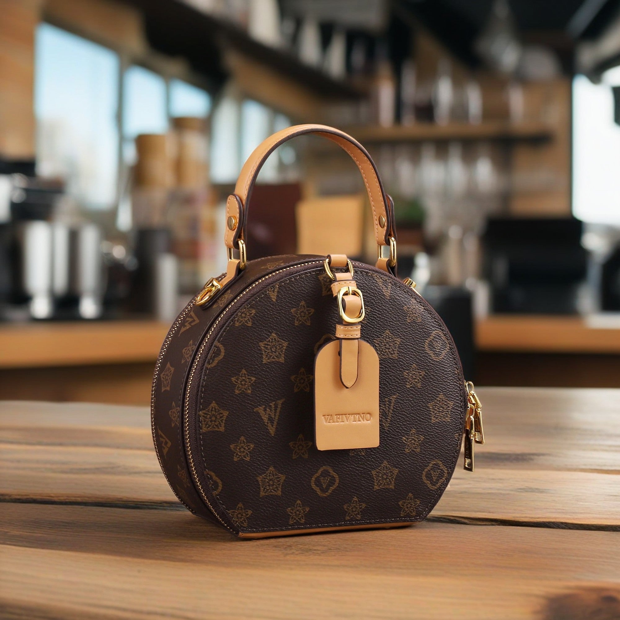 Vintage Floral Print Round Handbag for Women Zipper Closure Golden Tone Hardware