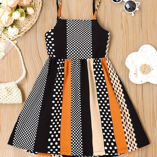 Girls Summer Cami Dress Block Striped Polka Dot Backless Strappy