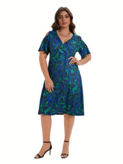 Plus Leaf Print Short Sleeve Cold Shoulder Midi Dress
