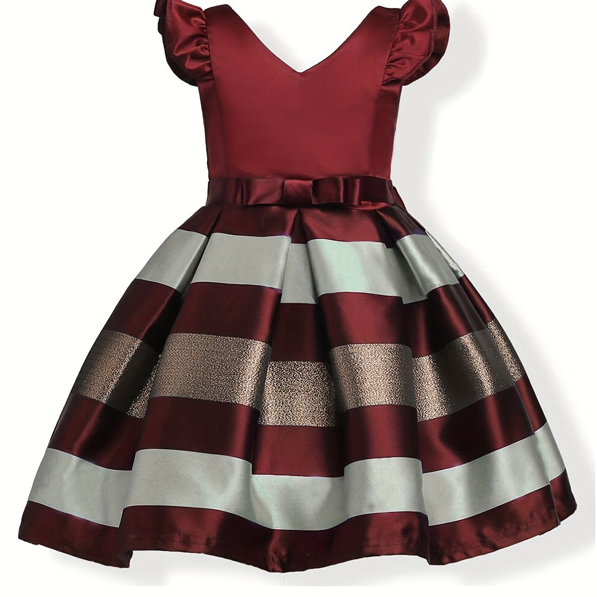 Toddlr Girls Striped Princess Dress Gown Ruffle Trim Bow Piano Performance