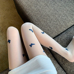 Butterfly Print High Waist Semi-Sheer Footed Pantyhose