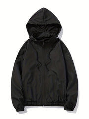 Solid Zip Up Men's Casual Jacket with Drawstring Hood
