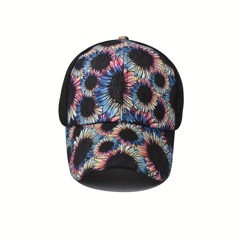 Daisy Print Baseball Cap Ponytail Hip Hop Sports Trucker Hats Mesh Adjustable