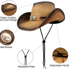 MUMUWU Leather Cowboy Hat Outdoor Wide Brim Cowgirl Hat Light Brown Khaki