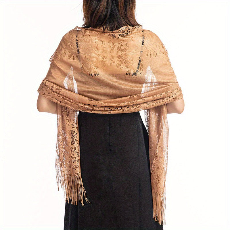 Lace Shawl Solid Hollow Out Tassel Wrap Scarf For Evening Dresses