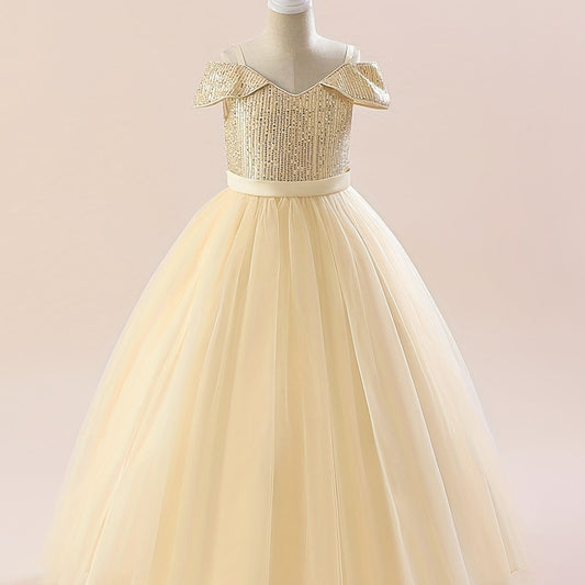 Cute Cold Shoulder Sequins Princess Dress for Girls Birthday Party