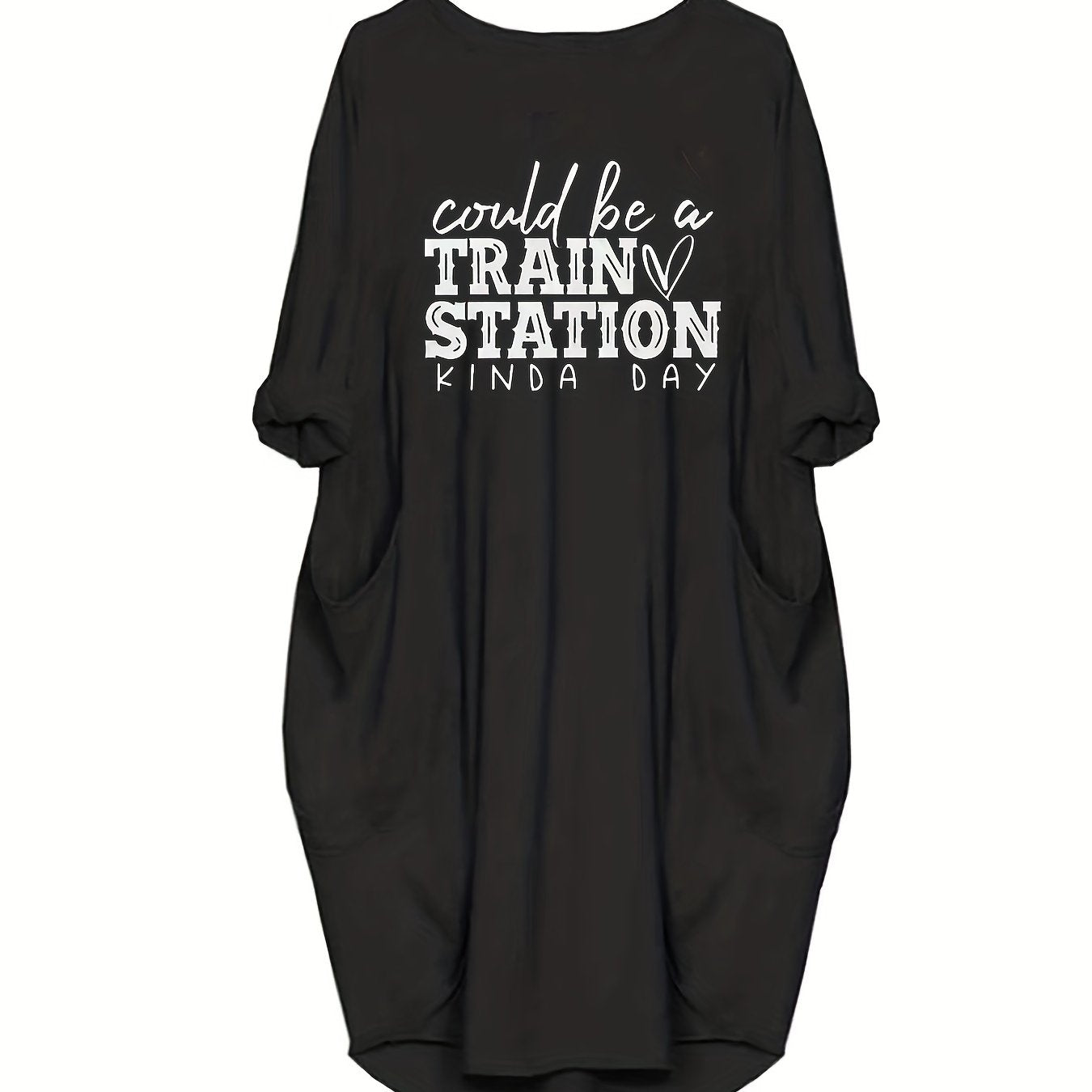 Women's Plus Slogan Print Casual Dress with Pockets