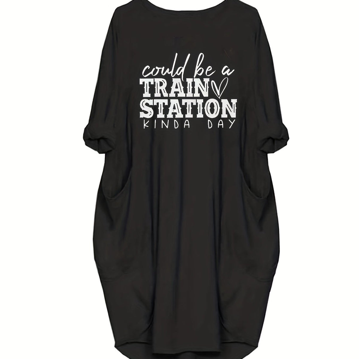 Women's Plus Slogan Print Casual Dress with Pockets
