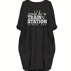 Women's Plus Slogan Print Casual Dress with Pockets
