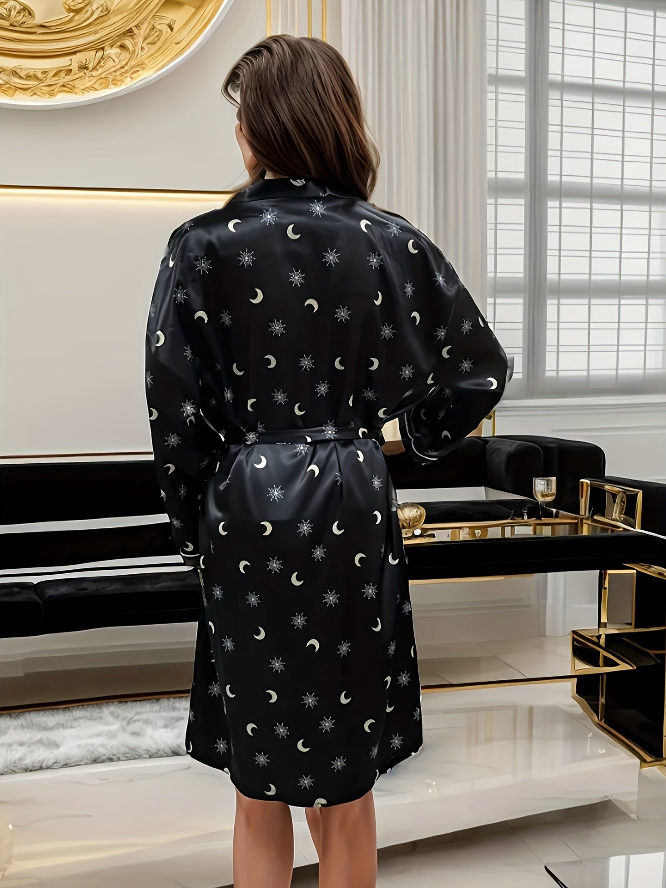 Moon Print Lounge Robes V Neck Long Sleeve Home Robe With Belt Women's