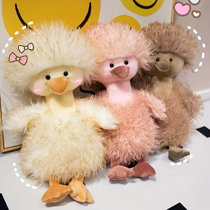 Large Curly Haired Duck Plush Toy Soft Stuffed Animal Yellow & Pink Options