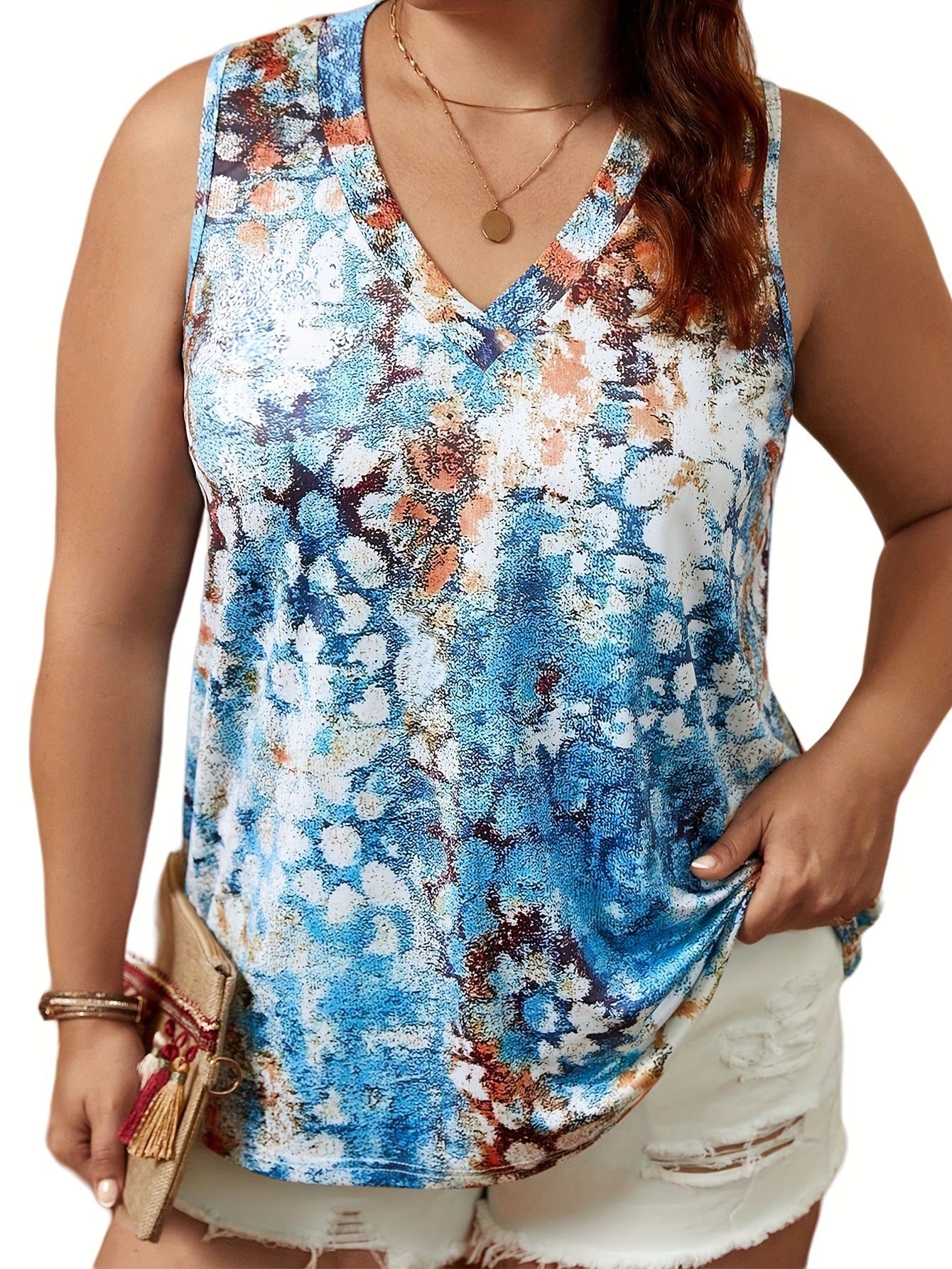  Casual Tank Top Women's Plus Allover Print V Neck Vest