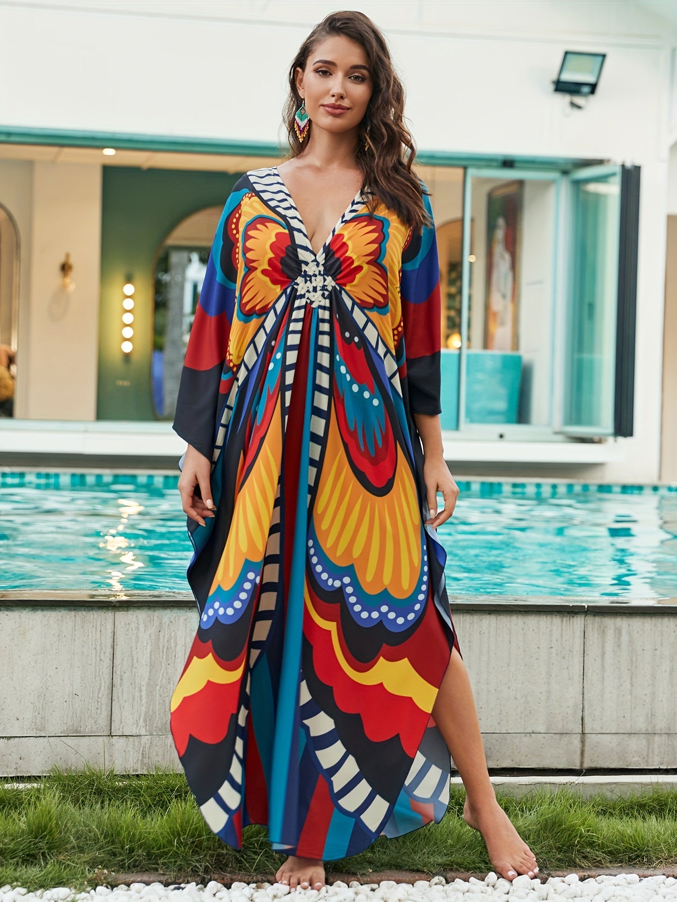  Allover Print Batwing Sleeve Maxi Jalabiya Dress