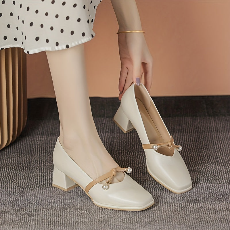Retro Pearl Decor Square Toe Pumps Chunky Heel Dress Shoes