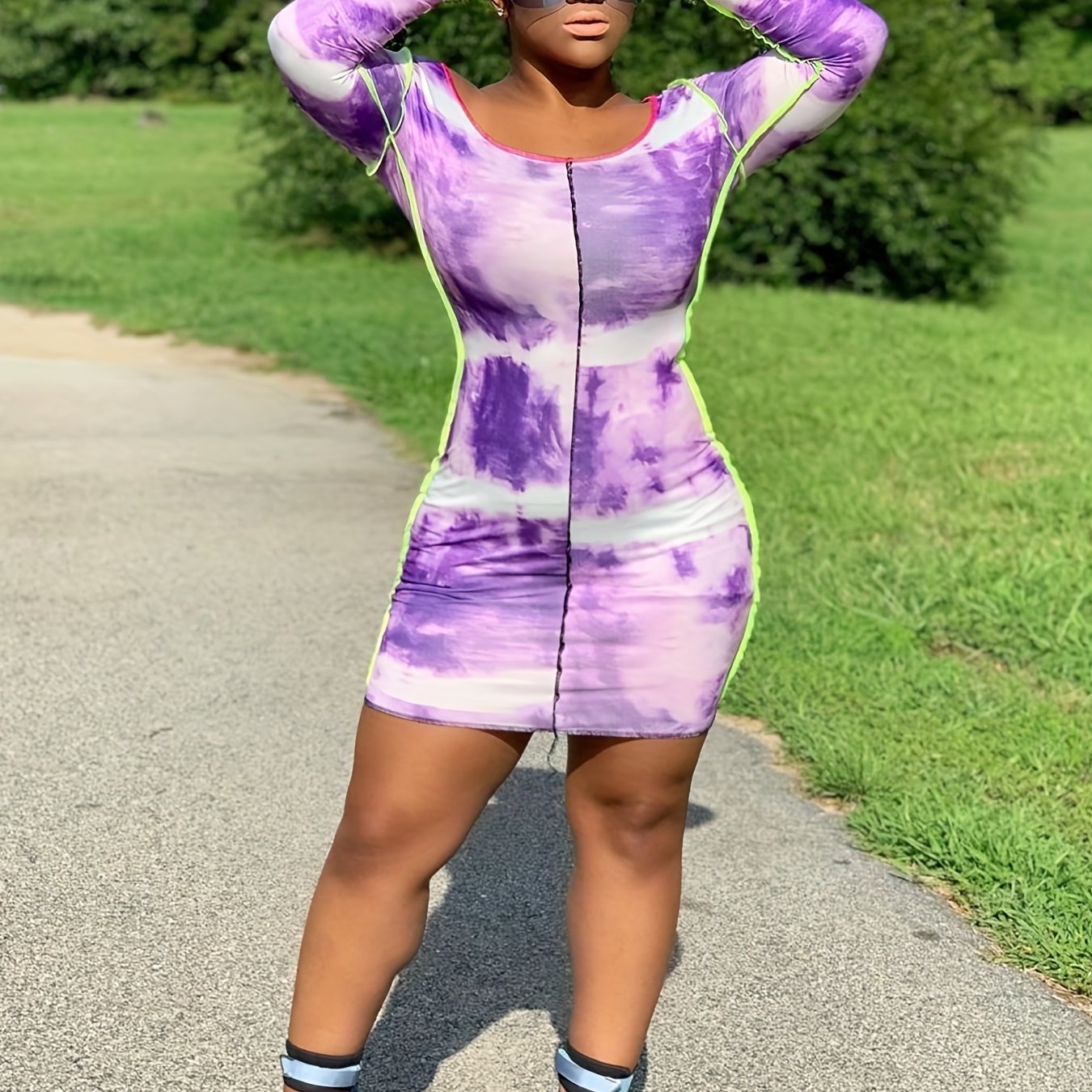  Tie Dye Piping Long Sleeve Round Neck Mini Dress