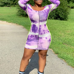 Tie Dye Piping Long Sleeve Round Neck Mini Dress