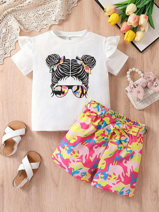 Girls Cartoon Girl Graphic Top & Camo Shorts Set