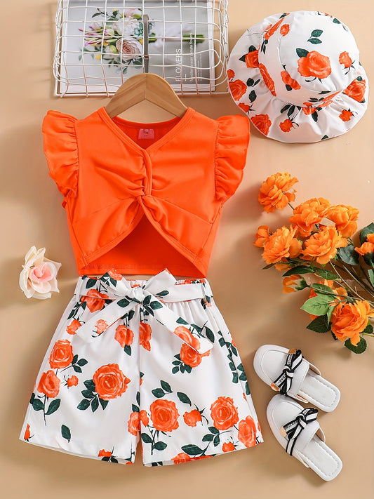 Girls Twist Front V Neck Top & Floral Print Shorts Set