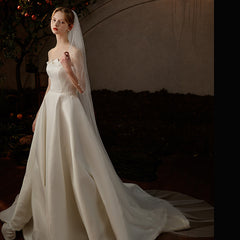 Beaded Bridal Veil with Long Train Double Layer Bowknot for Weddings