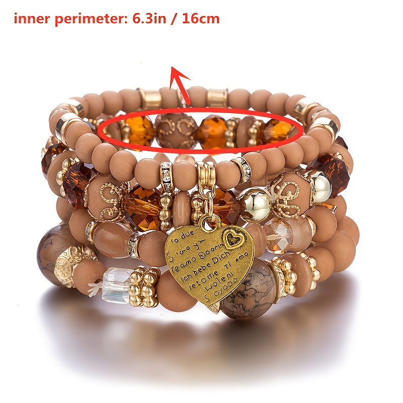 Heart Charm Bead Layered Bracelet Set Vintage Jewelry Gift