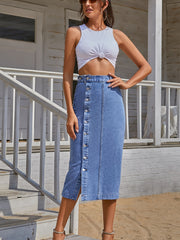 High Waist Denim Skirt Button Front Long Denim Skirt