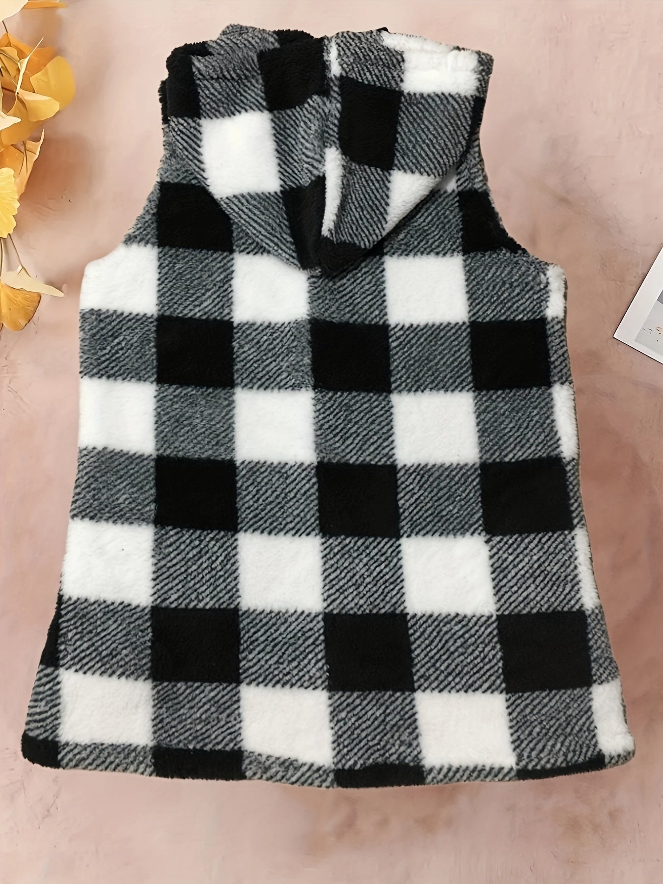 Plaid Print Hooded Vest Warm Teddy Vest