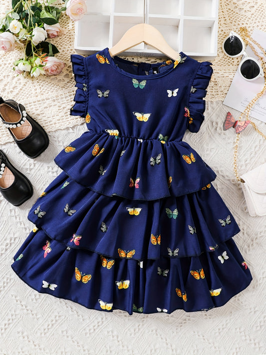 Girls Flutter Sleeve Butterfly Print A Line Tiered Casual Dress