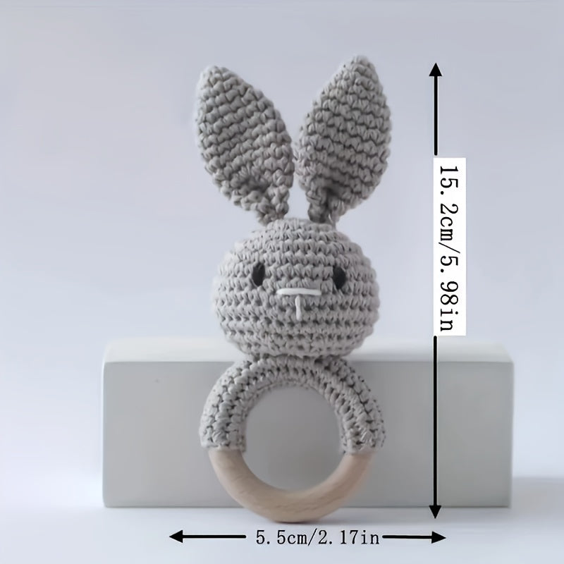 Gray Rabbit Rattle Toy with Wooden Beads Baby Sensory Developmental