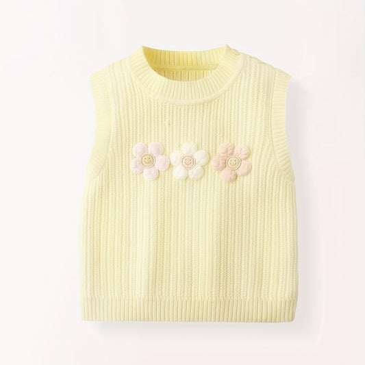 Flower Decor Round Neck Knit Vest for Baby Girls