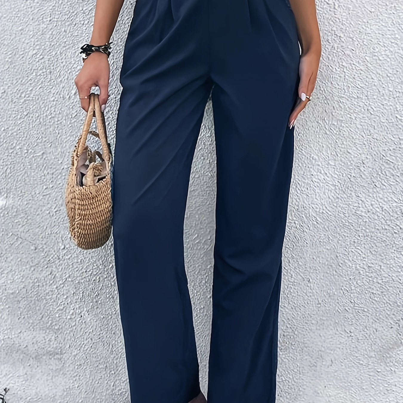  Solid Button High Rise Trousers