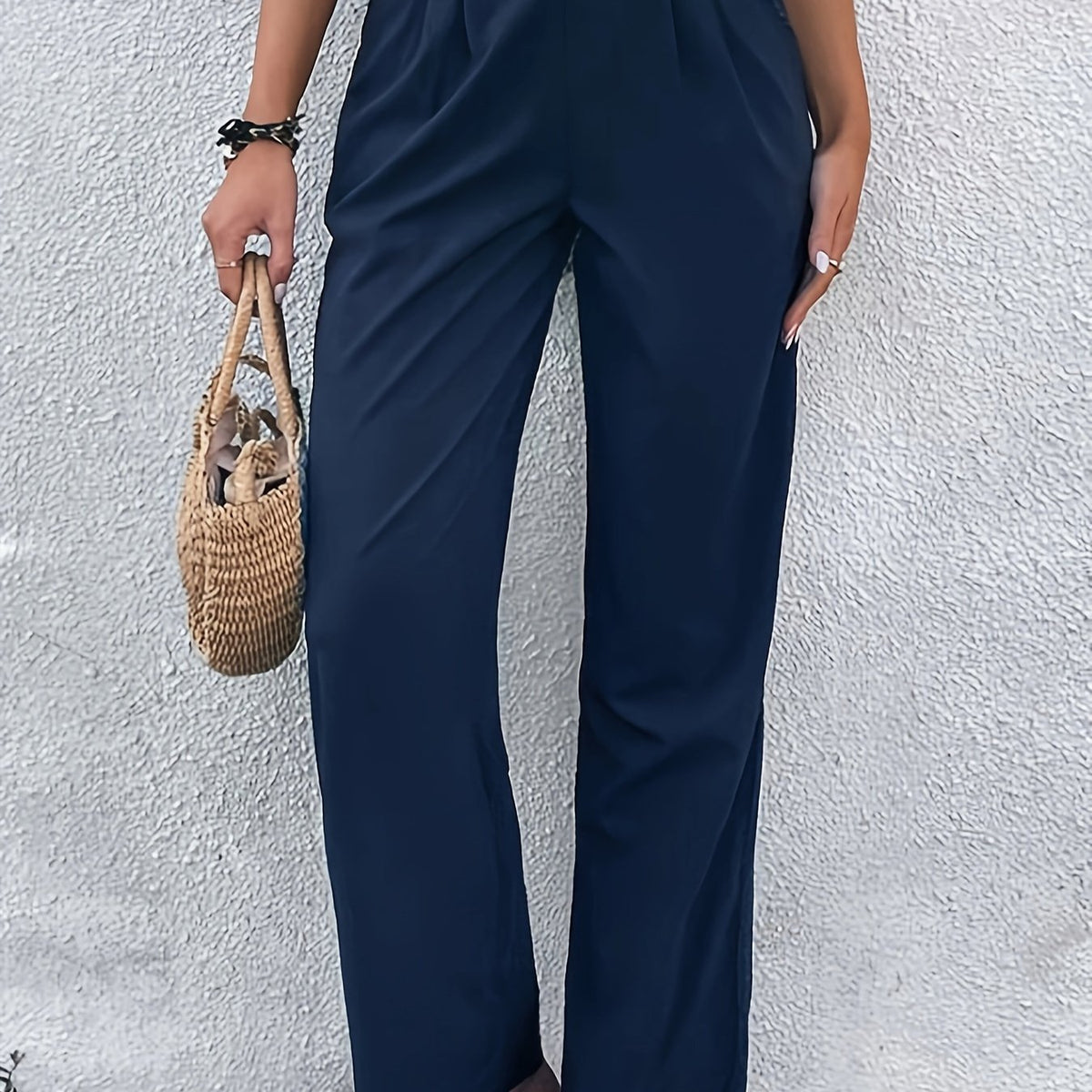  Solid Button High Rise Trousers
