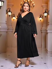 Solid Lantern Sleeve Surplice Neck Maxi Dress
