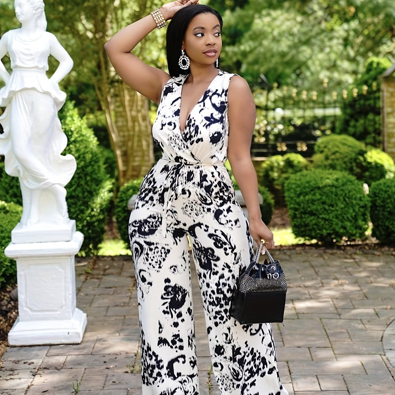 Abstract Print Surplice Neck Jumpsuit Sexy Sleeveless Drawstring Jumpsuit