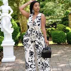 Abstract Print Surplice Neck Jumpsuit Sexy Sleeveless Drawstring Jumpsuit