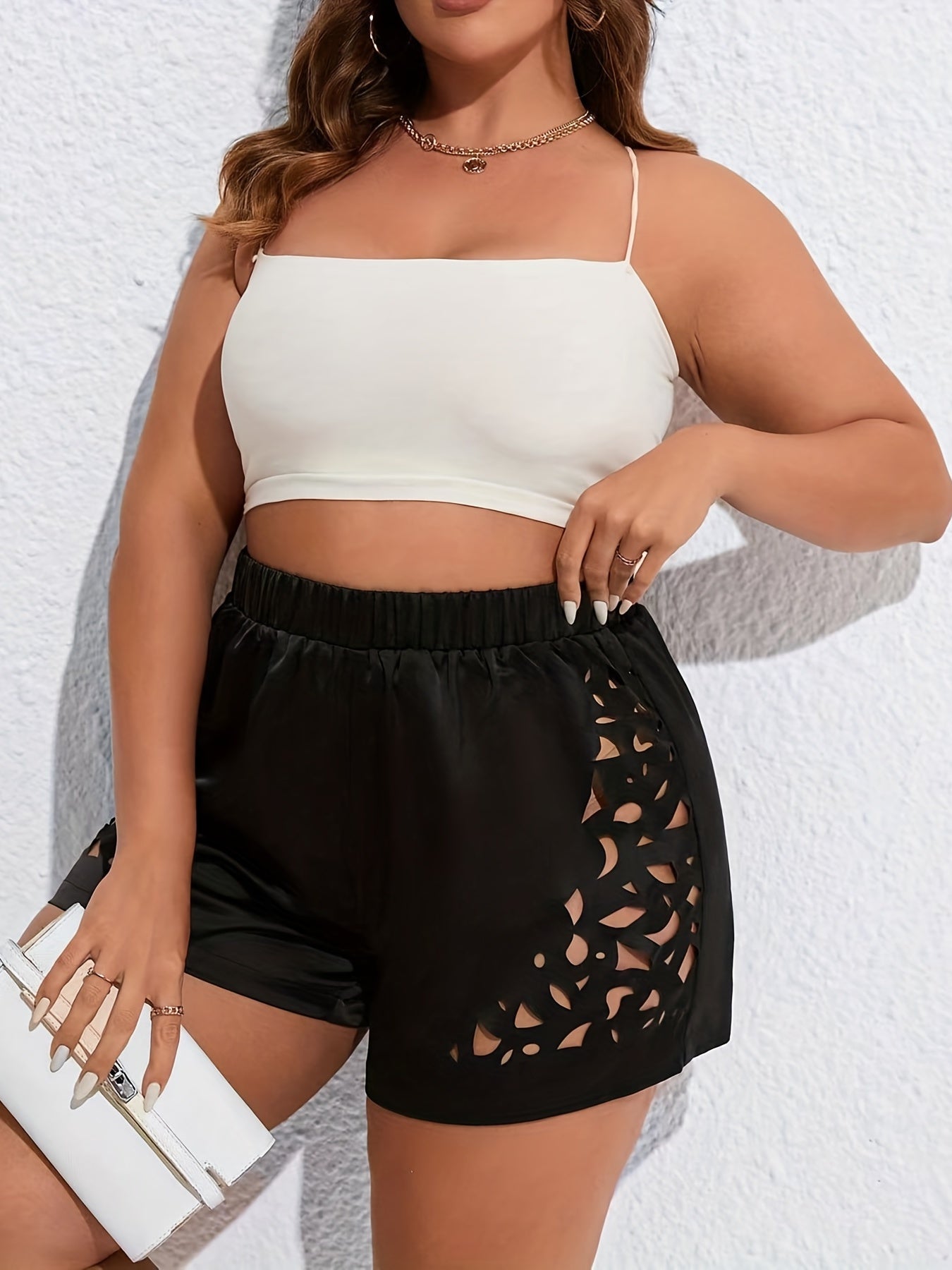  Casual Shorts Women's Plus Solid Hollow Out Elastic High Rise Shorts