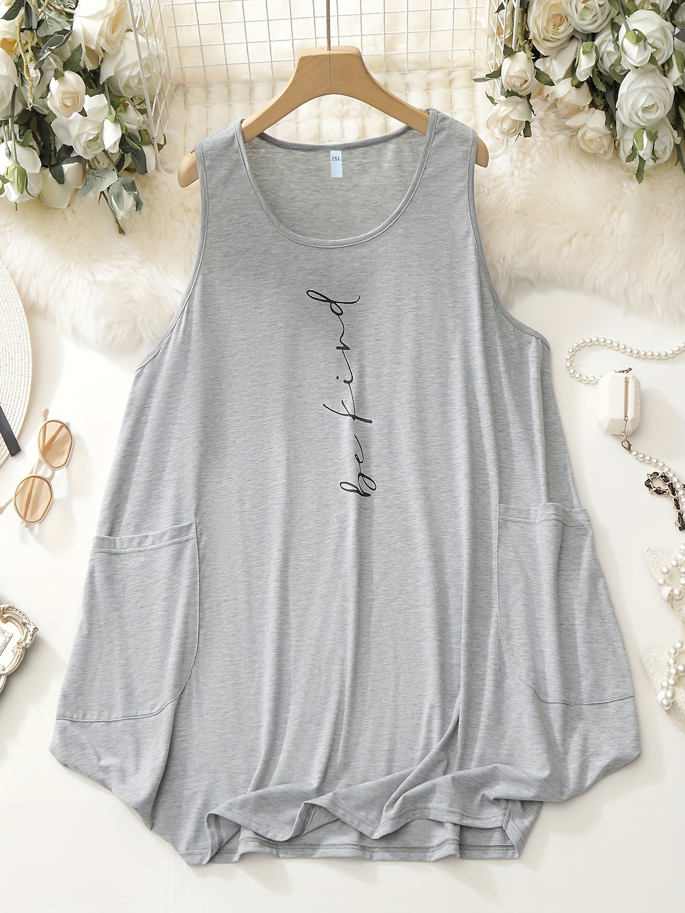  Slogan Print Tank Dress With Pockets