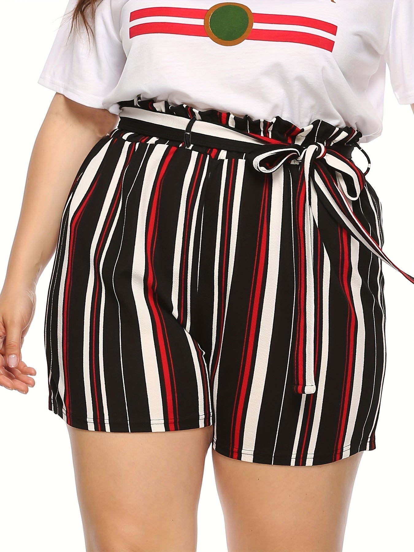  Women's Stripe Print High Rise Drawstring Loose Shorts