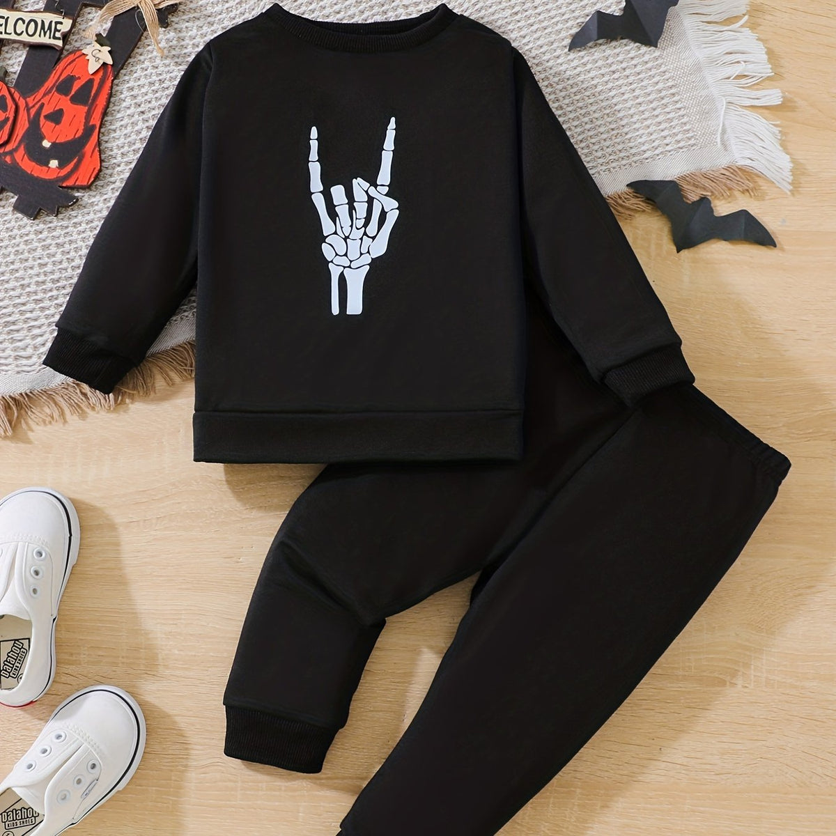 Baby Boys Skull Gesture Printed Sweatshirt Sweatpants 2pcs Set
