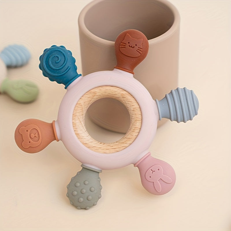Silicone Baby Teether Rudder Shape Wooden Teether Ring Touch Training BPA Toy