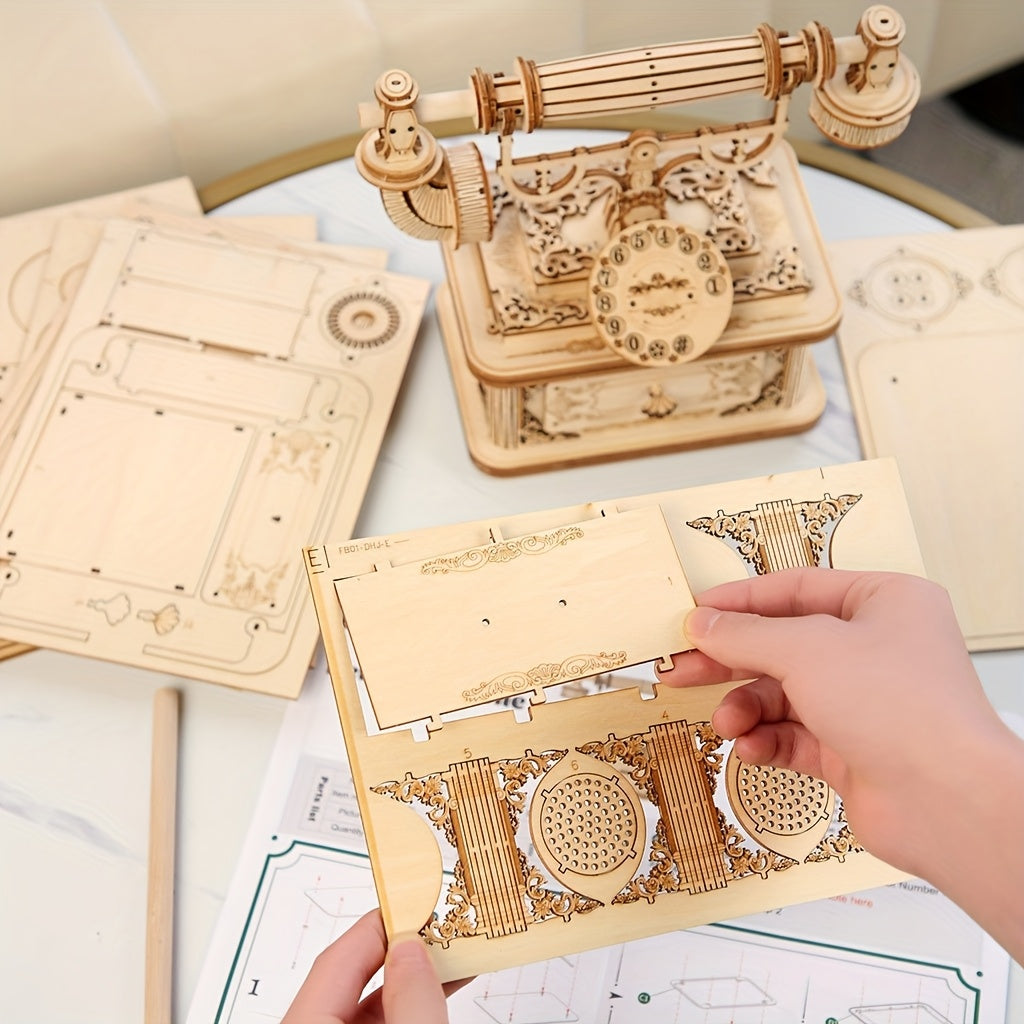Vintage Rotary Phone 3D Wooden Puzzle DIY Craft Kit Retro Desk Model Gift