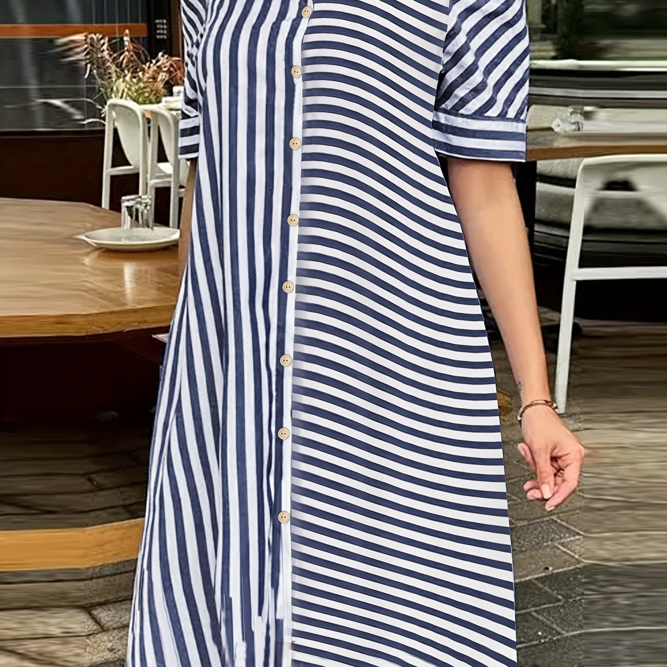Striped Puff Sleeve Button Up Collar Shirt Dress