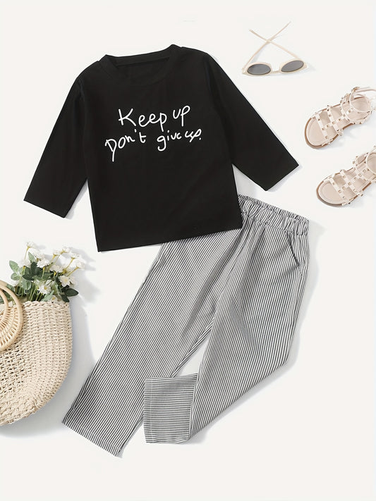 Girl's Casual 2pcs Pullover & Stripe Pants Set Spring Fall Outfits
