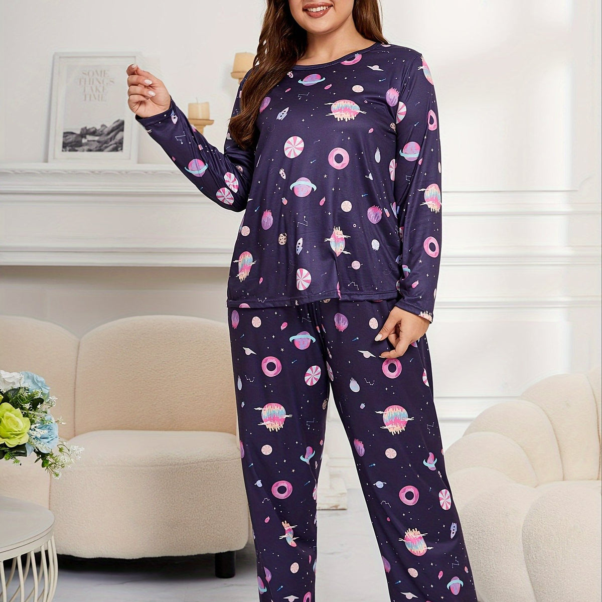 Cartoon Galaxy Print Tee & Pants Loungewear Set